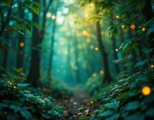 Obraz premium Mystical fireflies dancing in a lush forest path enchanting nature scene serene environment captivating viewpoint