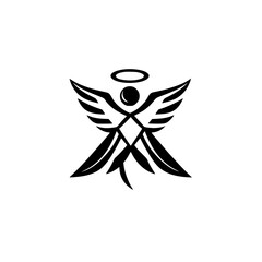 Geometric Black and White Angel Logo: Minimalist Depiction of Wings, Halo, and Abstract Human Form on a White Background.