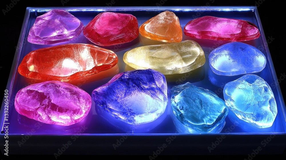 Poster A gemstone sorting tray featuring multiple colored gems placed under a UV light for fluorescence testing.