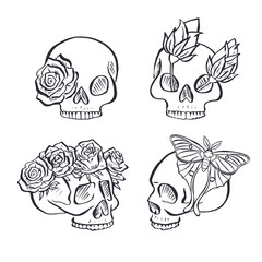 Hand drawn black outline floral human skulls with rose wreaths and butterflies bundle isolated on white background. Monochrome boho skeleton heads with flowers design set