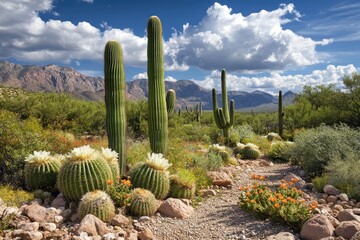 Saguaro cacti growing in the arizona desert landscape with blooming flowers and mountains in the background