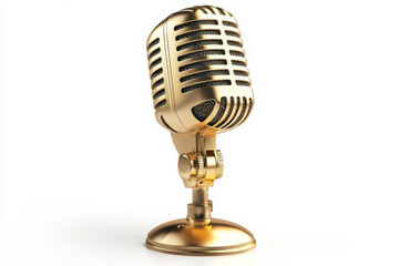 Fototapeta premium Gold microphone on white background illuminated by spotlights, symbolizing performance and elegance.
