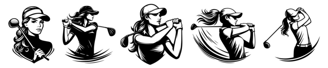 female golf player illustration set with dynamic swing poses vector