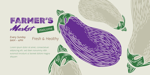 Eggplant Trendy craft cover, banner, flyer with Vegetables for farmers market. Design template Hand-drawn sketch food to the harvest fair. Vector illustration in ink engraved style.