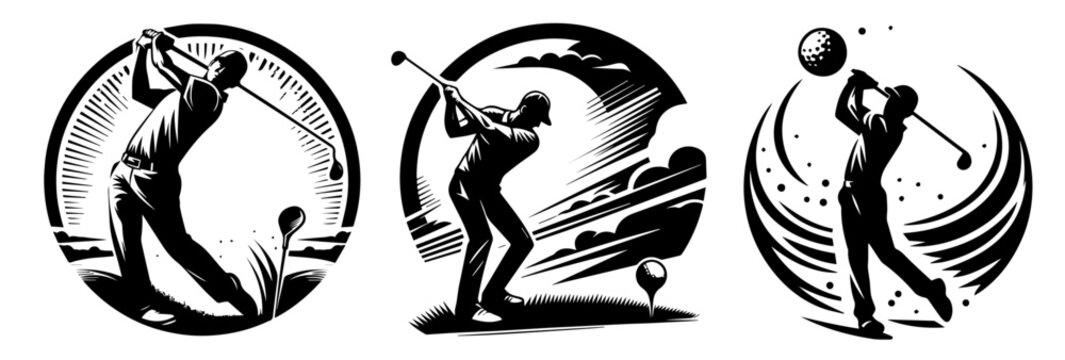 golf player illustration set with dynamic swinging poses and circular backgrounds vector