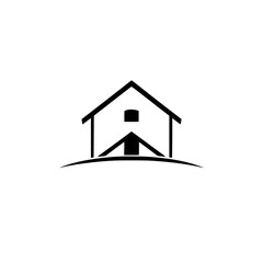 Minimalist Black and White Illustration of a Geometric House Structure on a Gentle Curve, Featuring Simplistic Architectural Elements.