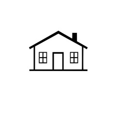 Simple black and white vector illustration of a minimalist house with a chimney, two windows, and a door, set against a plain white background.