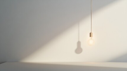 pristine white wall with single glowing light bulb dangling from simple cord casting soft shadows