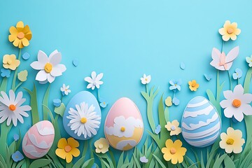 Pastel paper Easter eggs & flowers on blue.