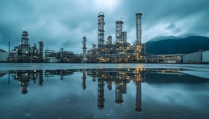 Fototapeta premium A stunning gas refinery illuminated at dusk, reflecting on the water below