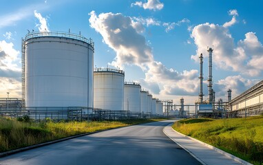 A stunning industrial landscape showcasing large storage tanks against a clear blue sky. The greenery along the road highlights the contrast between nature and technology.