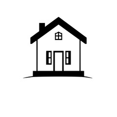 Minimalist Black and White House Illustration: Front View of a Simple Home with Gable Roof, Shutters, and a Chimney.