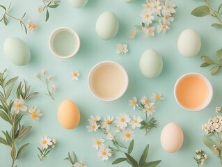 An overhead shot of an Easter egg decorating table, soft pastels, tiny floral details, artful arrangement, handmade feel, cozy springtime atmosphere