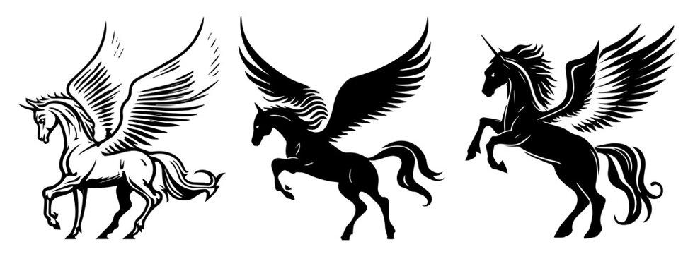 mythical pegasus and unicorn silhouettes vector black shape silhouette