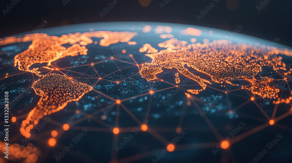 Poster digital world map with glowing connections and data points