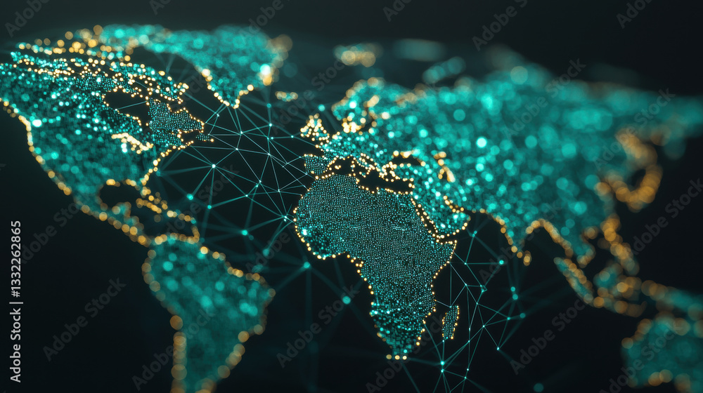 Poster digital world map with glowing connections and network lines