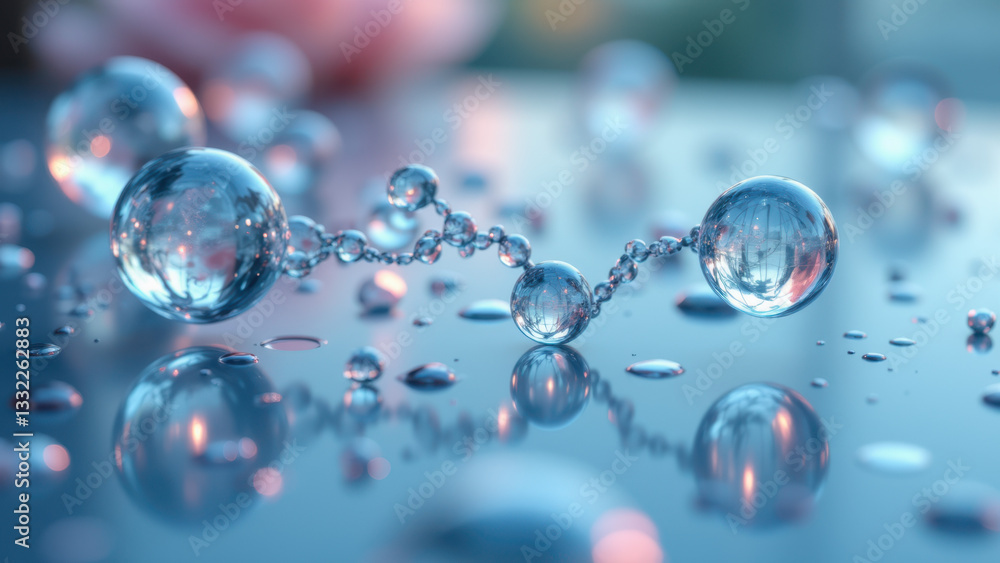 Poster clear spherical water droplets on a reflective surface, showcasing intricate molecular structures wi