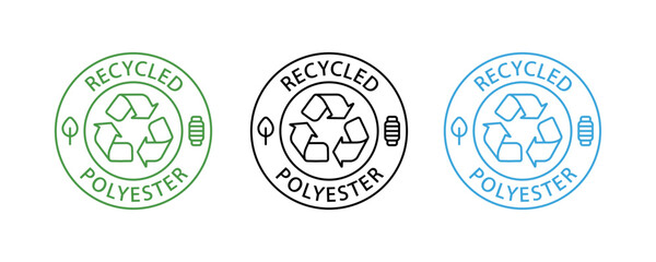 Set of recycled polyester logo, black, green and blue color sign isolated. Vector illustration