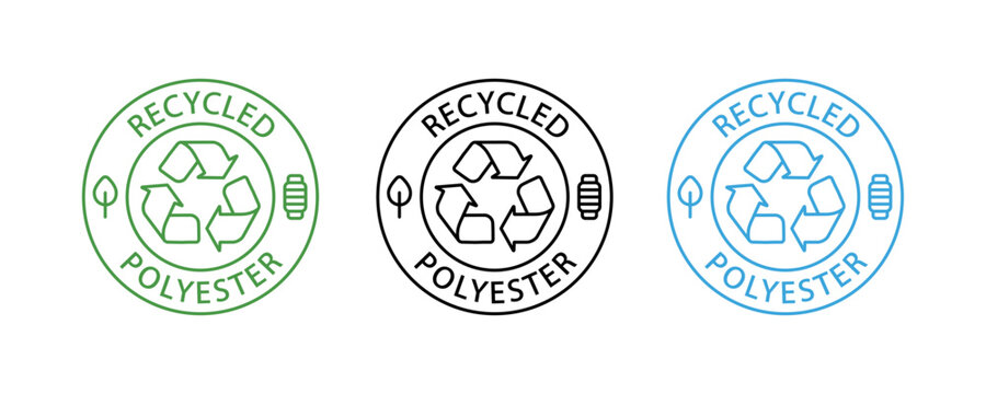 Set of recycled polyester logo, black, green and blue color sign isolated. Vector illustration