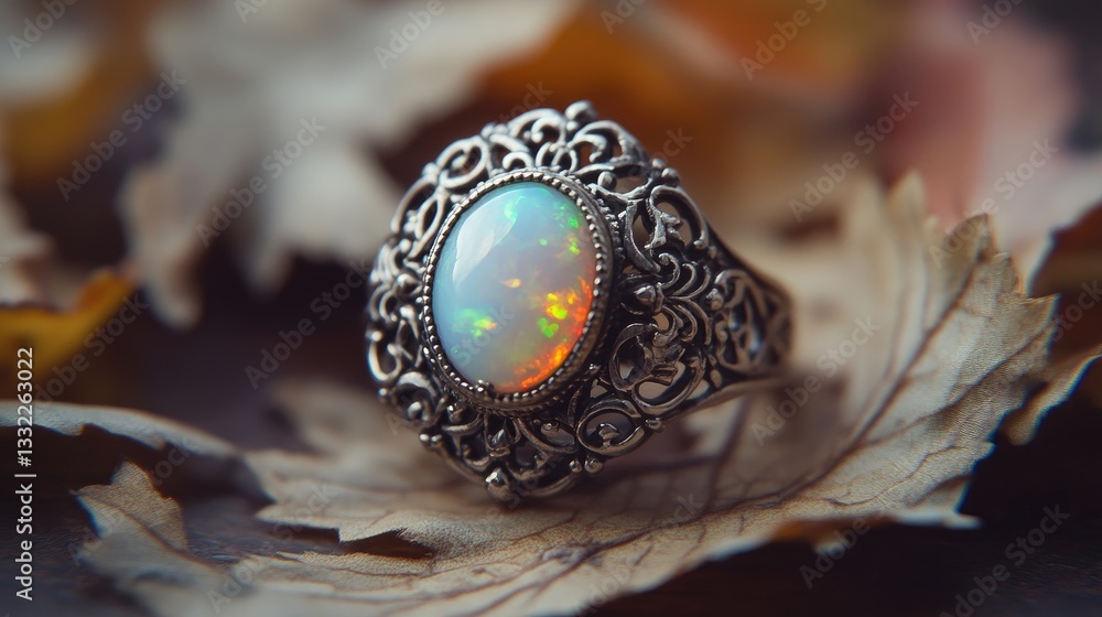 Poster a high-resolution macro shot of a handcrafted opal gemstone ring with an intricate silver setting.