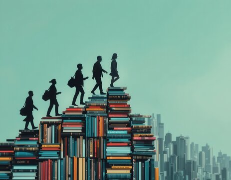 People climbing books cityscape illustration urban environment side view knowledge and growth concept