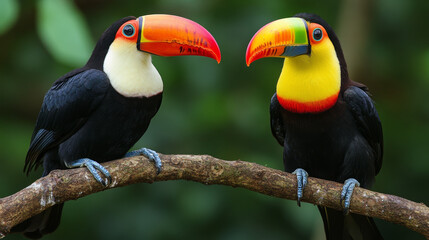 Fototapeta premium Two vibrant toucans perched on a tree branch in a tropical rainforest with lush green foliage.