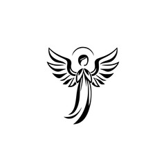 Elegant Minimalist Black and White Angel Icon with Wings, Halo, and Flowing Robe, Centered on White Background.