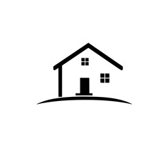 Minimalist Black & White Home Icon on a Subtle Curved Horizon, Representing Real Estate, Architecture, and Simplicity.