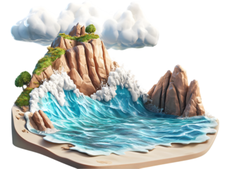 Ocean Wave Crashing on Rocky Shore with Island and Clouds