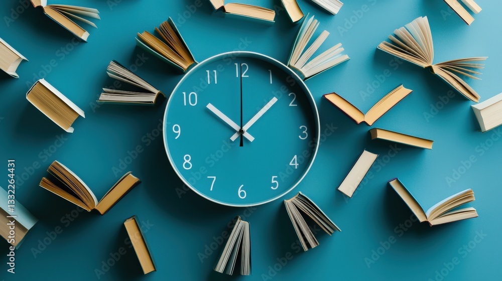 Poster a close-up of a clock with each number replaced by a book, emphasizing time for learning.