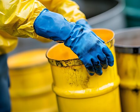 A worker in protective gear uses blue gloves to handle a yellow chemical drum, emphasizing safety and professionalism in industrial environments.