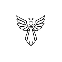 Geometric minimalist angel with stylized wings and halo in a clean black and white vector graphic, isolated.
