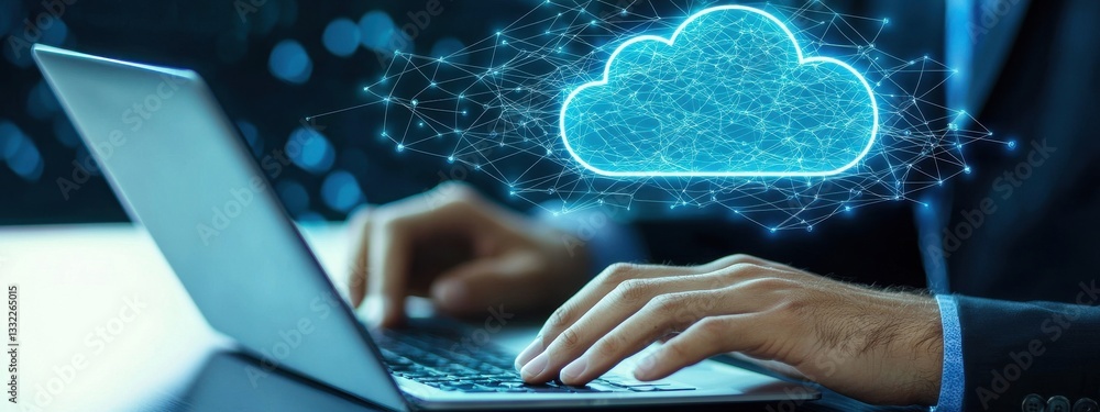 Poster hands typing on laptop with cloud computing graphic above screen