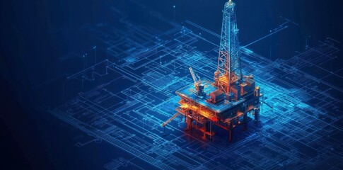 Futuristic oil rig in a blue and orange neon environment, symbolizing energy and innovation, with a detailed blueprint background, suitable for technology and industry themes