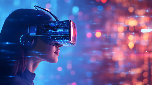 una mujer usando unos lentes de realidad virtual futurista en el ciberespacio moderno de tecnologia en el metaverso interactivo