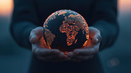 Fototapeta premium person holding glowing globe with illuminated continents, symbolizing global connection and technology