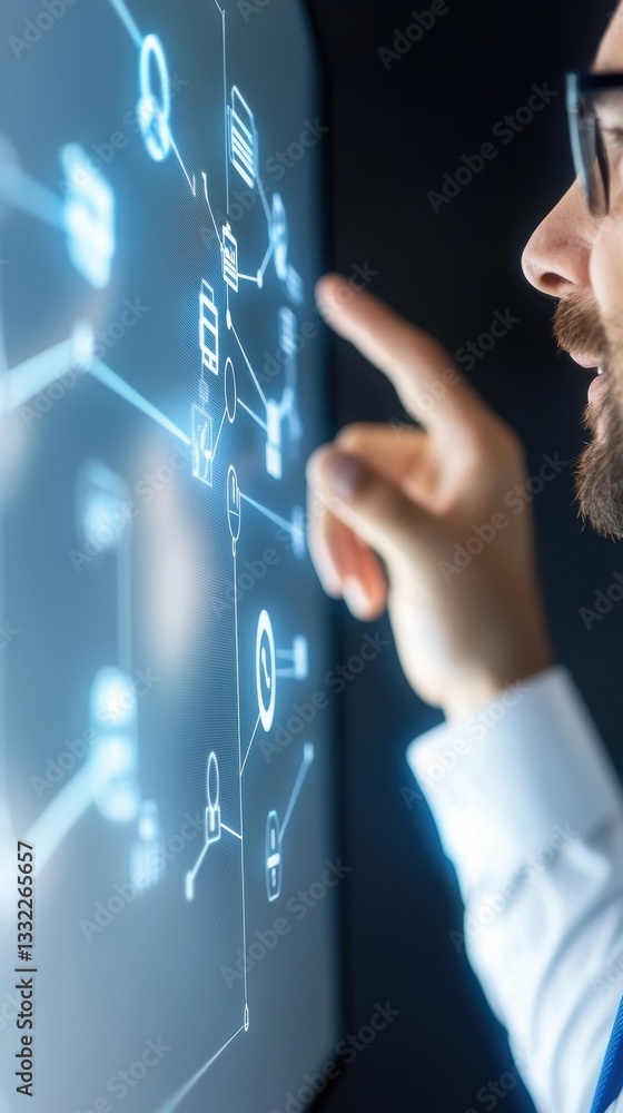 Poster man interacting with digital interface displaying data connections