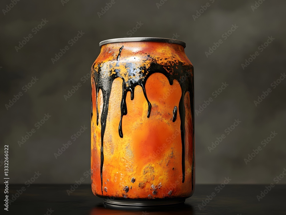 Poster an artistic representation of a beverage can, featuring vibrant orange and black colors with a dripp