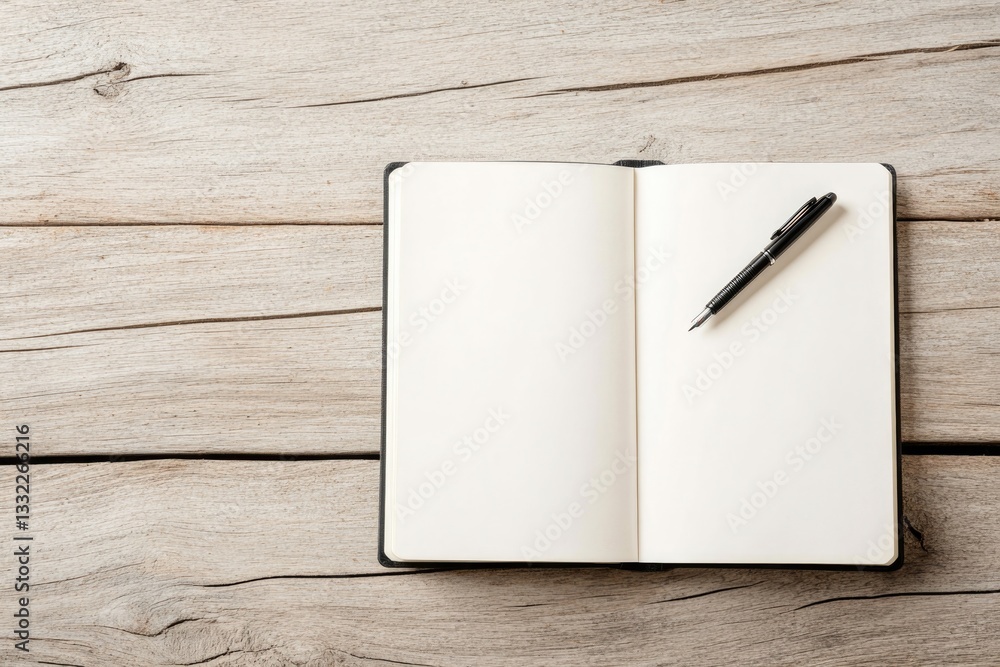 Poster minimalistic stock photo of open journal with pen resting on blank page placed on rustic wooden tabl