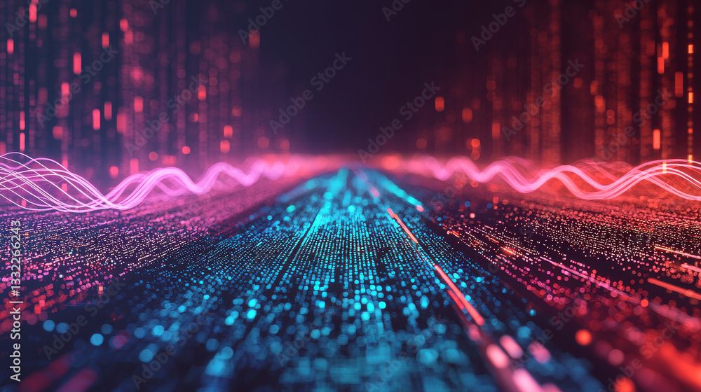 Poster wireless technology and future wifi concept, vibrant digital landscape with flowing data streams and