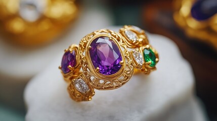 A luxurious boutique jewelry shop in a market, featuring antique gold rings and handcrafted pendants.