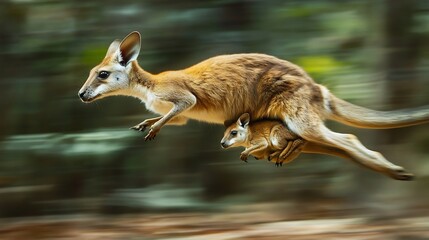 Mother Agile Wallaby captured mid hop her joey peeking out from her pouch the background of blurred woodland adding a sense of depth and movement A fast shutter speed ensures a crisp detailed capture
