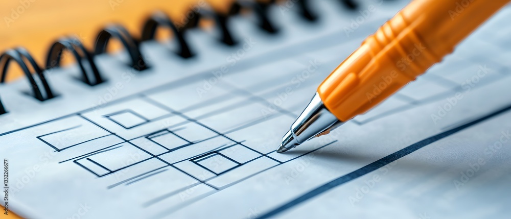Poster close-up of a pen writing on a notepad with grid layout