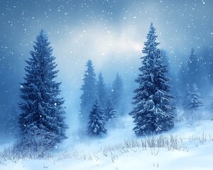 Obraz premium Snow covered evergreen trees on a snowy day during wintertime