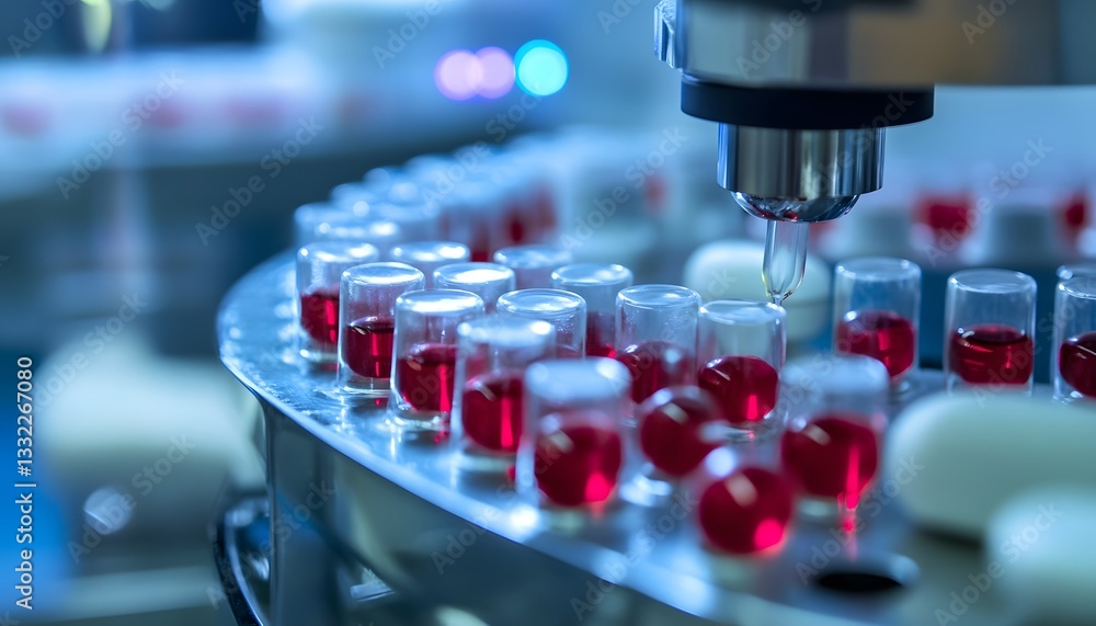 Aufkleber close-up view of a laboratory machine processing red liquid in vials, showcasing advanced technology