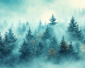 Winter landscape featuring evergreen trees and falling snowflakes