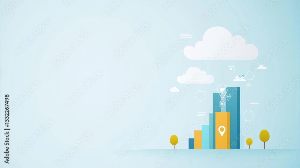 Poster growth graph with location markers and cloud elements in flat design
