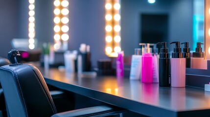 Modern beauty salon interior with illuminated mirrors, stylish products, and a vibrant atmosphere