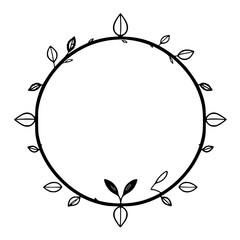 A stark black and white circular frame, adorned with delicate stylized leaves and tendrils, creating a minimalistic botanical border, perfect for design.