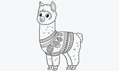 The alpaca is wearing a rough-textured sweater with a pattern of simple decorated Easter eggs